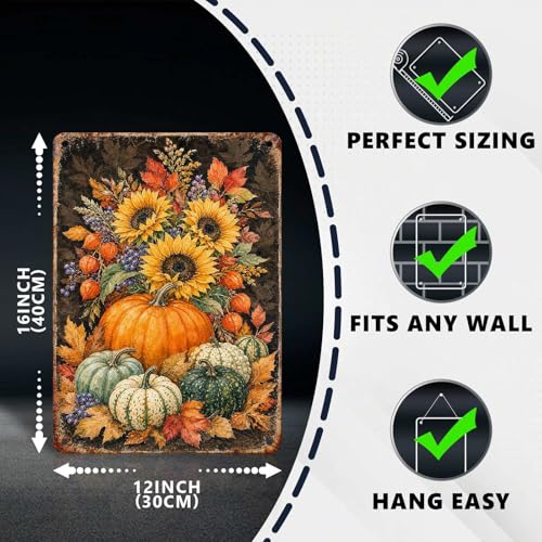 Watercolor Pumpkin Sunflower Autumn Leaves Tin Sign Rustic Fall Wall Art Decor for Living Room Kitchen Dining Room Porch and Entryway Wall Art Decor 16 * 12In - color: Vintage Thanksgiving Tin Sign 18, size: 30X40cm(12*16in)