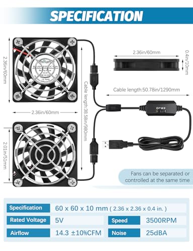 60mm USB Cooling Fan 2PCS, 5V Brushless DC Fans with Variable Speed | Small Exhaust Fan for Computer Raspberry Pi Router Terrarium Helmet, 6010 Mini PC Fan for Electronics Cabinet - style: 60mm x2