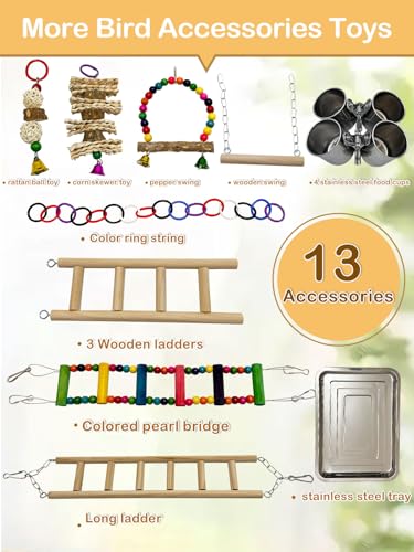 5 Layers Large Bird Playground Natural Wood Parrot Play Stand Birds Perch Stand Gym Parakeet Birds Cage Accessories with Removable Tray and 4 Stainless Steel Cups for Cockatiel Cockatoos Finch