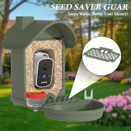 Bird Feeder with Camera, 3K Smart Bird Camera with AI Identification & Bird Bath, Solar Powered Wireless Outdoor Bird House with Spill-Proof Net, Ideal Backyard Watching Gift to Bird Lovers - color: Navy Green