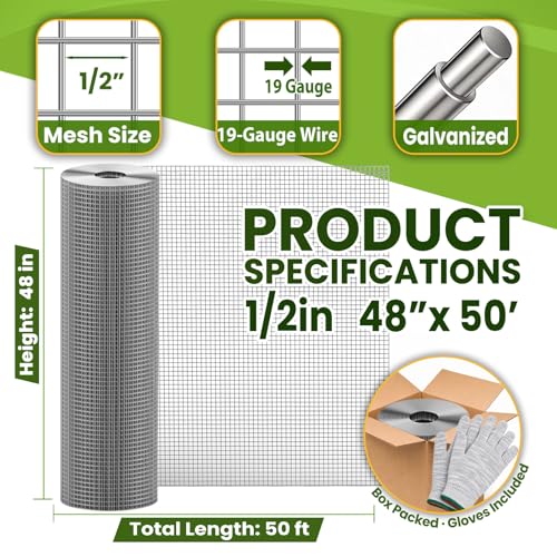 1/2 inch 48in x 50ft Hardware Cloth Chicken Wire Fencing 19G, Hot Dipped Galvanized After Welding, Wire Mesh Roll, Garden Fence,Poultry and Rabbit Barrier, Outdoor Metal Fencing - size: 1/2inch 48"x50'