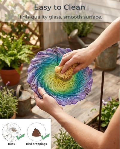 Blue Glass Bird Bath, 10.5" Shallow Birdbath with 3-Prong Stake | Decorative Birdbath Bowl & Wild Bird Feeder for Garden, Patio, Backyard Decor