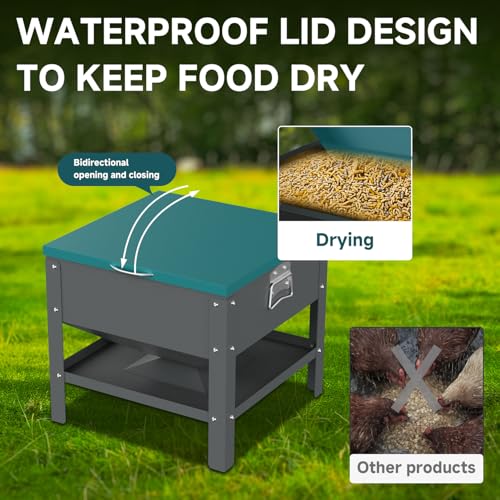 Metal Chicken Feeder with Waterproof Cover, Galvanized Steel Automatic Chicken Feeder, 80 lbs Large Capacity, No Waste Chicken Feeder with Portable Handles, Poultry Feeder for Chickens, Ducks - color: Green