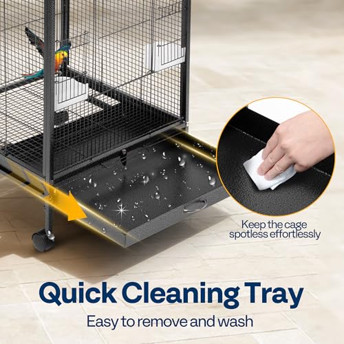 VIVOHOME Wrought Iron Bird Cage with Rolling Stand, 30 Inch Height | Standing Bird Flight Cage with Casters, Slide-out Tray for Parakeets Cockatiels Lovebirds Canaries Finches Conures, Black - color: Black