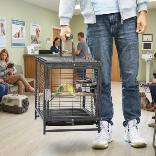 Garvee Bird Travel Carrier Cage, 25" h Small Bird Cage with with Wooden Perch Handle, Bird Carrier for Parrots Conures Lovebird Cockatiel Parakeets Black