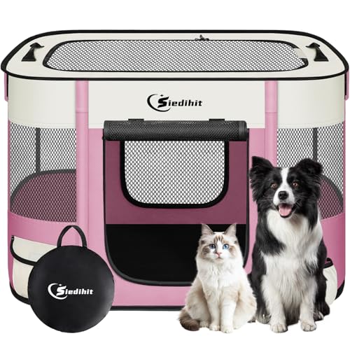 Siedihit 31" Dog Playpen,Cat Puppy Pen, Pet Portable Crate Indoor Outdoor | Durable Travel Camping Use,Foldable Dog Kennel Tent Cage for Rabbit Small Animals with Carrying Case (Pink, Medium) - color: Pink, size: Medium