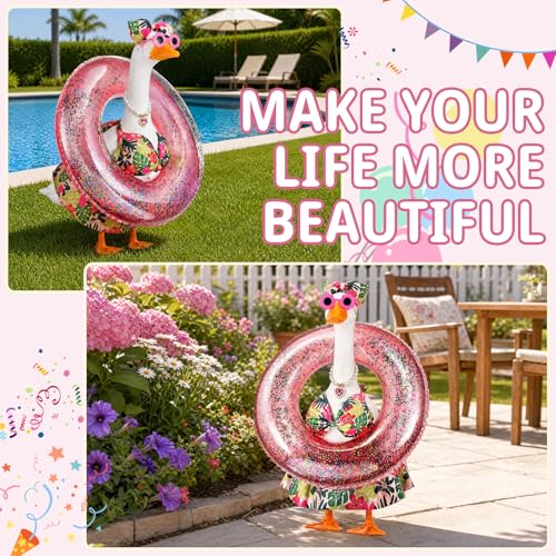 Bikini Porch Goose Outfit with Sunglasses & Swim Ring - Summer Hawaiian Flower Costume for 23" Garden Goose Statue Decor - style: Flower