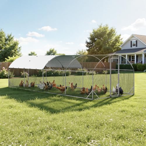 VEVOR Large Metal Chicken Coop, 9 x 25 x 6.6 ft, Walk-in Chicken Run House with Waterproof Cover & Sturdy Frame, Dome Roof Poultry Cage Duck Pen for Rabbit Hen Goose Outdoor Backyard Farm Use - size: 299.2"L x 106.3"W x 78.7"H
