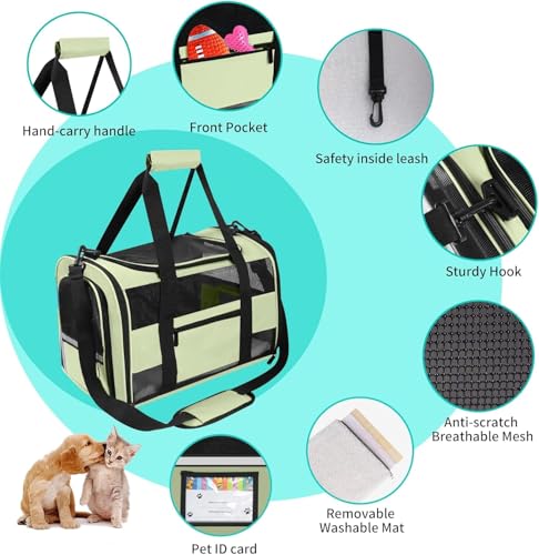 Soft Side Cat Carrier Airline Approved for Puppy Kitten Dog Carriers for Small Medium Cats Under 15lb, Collapsible TSA Approved Travel Pet Carrier, Green - color: Green
