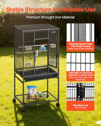 VEVOR Bird Cage, 24.6 x 16.7 x 53.9 inch, Flat Top, Wrought Iron Bird Flight Cage with Perches, Slide-Out Tray and Plastic Feeders, Casters, for Parrot, Blue Tit, Cockatiel, Canary, Budgerigar, Conure - size: 24.6"L x 16.7"W x 53.9"H