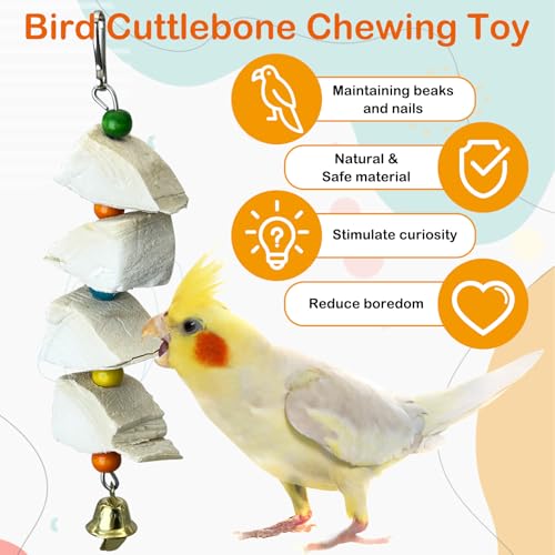 3 Pack Bird Chewing Toy Cuttlebone Parrot Toy with Bell Hanging Bird Beak Grinding Stone Parakeet Cage Accessories for Small Budgies Lovebirds Cockatiels (Block, 4 Per Skewer) - size: 4 Blocky