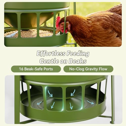 KOL Chicken Feeder No Waste for Coop & Outdoors, 16 Port 50lbs Poultry Feeder with Spill-Control Design, Rust-Proof Powder Coated Metal & Smooth Safe Edges (Avocado Green) - color: Avocado Green
