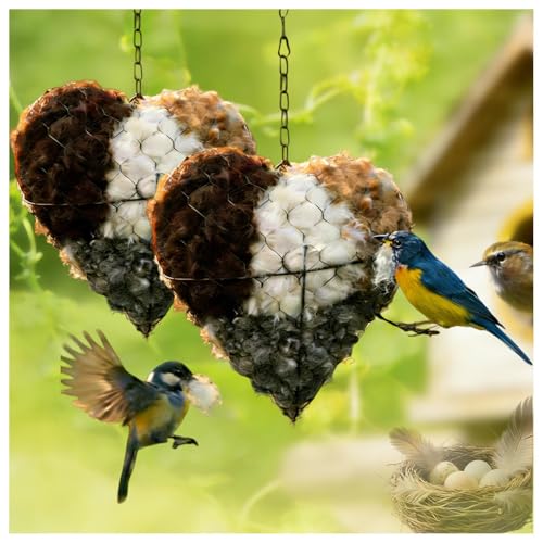 Handmade Fiber Bird Nesting Heart, Birds Nests Material Holder, Hummingbird Nest Boxes for Outside. Decorative Dual-Purpose Bird House: A Nesting Aid and Garden View Cottage (2Set) - color: 2Set
