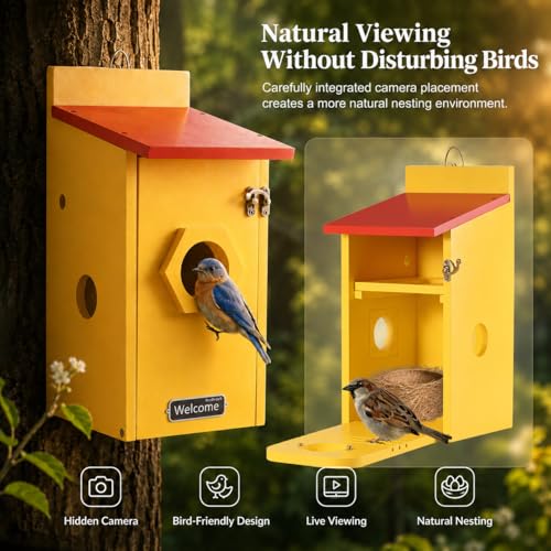 Smart Birdhouse with Camera for Backyard Bird Watching, Wooden Outdoor Nesting Box with App Live View, Motion Detection, Color Night Vision & Two-Way Audio - color: Rustic Cedar, size: Wired Edition