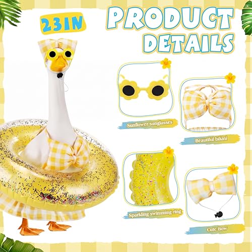 Bikini Porch Goose Outfits with Sunglasses and Swimming Tube for 23" Summer Goose Costume Garden Patio Statue Decor(Yellow Plaid) - style: Yellow Plaid