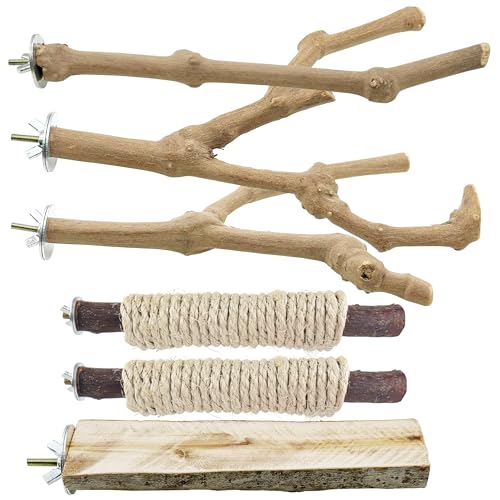 6 PCS Bird Perch Stand Natural Wood Standing & Hanging with Rope, Bird Cage Accessories for Small Parrots