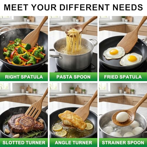 9 Pack Wooden Spoons Non Toxic Cooking Utensil Set with Utensils Holder | Kitchen Slotted Turner Spatula Set Acacia Wood Utensils for Cooking Spoon Scraper Spurtle Bamboo Flat Egg Flipper Spatulas - color: 9 Pcs