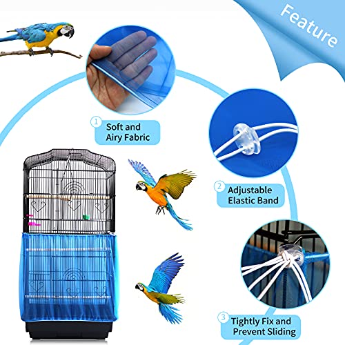 Daoeny Universal Bird Cage Cover, Adjustable Seed Feather Catcher, Soft Airy Nylon Mesh Parrot Net, Birdcage Cover Skirt Sheer Guard for Round Square Cages (Blue) - color: Blue