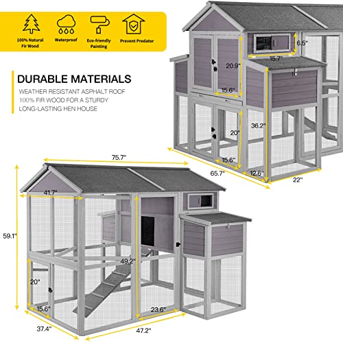 Aivituvin Chicken Coop for 4-6 Chickens/Ducks, Outdoor Wooden Chicken House Large Hen House Poultry Cage with Two Nesting Boxes (Grey, AIR48) - size: 75.7"L x 65.7"W x 59.1"H