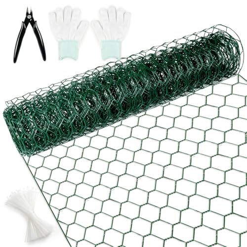 Floral Chicken Wire for Arrangements, Green Mesh Garden Netting | 15.7 x 157 inch w/Zip Ties Plier and Gloves, PVC Coated Rustproof, Poultry Fencing, DIY Crafts, Chicken Coop Rabbit Enclosure - size: 15.7 x 157 inch
