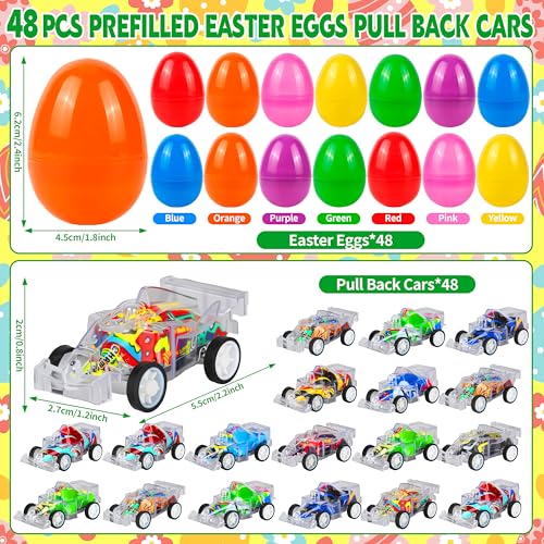 Seifar 48 Pack Prefilled Easter Eggs Pull Back Cars, Small Race Cars Racing Car for Easter Stuffing Egg Hunt Basket Stuffers Filler Surprise Party Favor Classroom Prize - style: F1