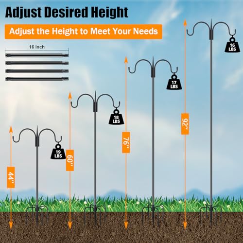 Heavy Duty Shepherds Hook 92" Double Hooks Adjustable (44/60/76/92") - Metal 5-Prong Base, 15lb Capacity - Easy Assembly Bird Feeder Pole for Hanging Planters, Lanterns, Wind Chimes - color: 1-Pack, size: 92" Double Hook