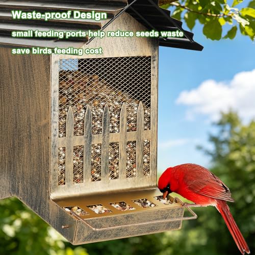Large Metal Bird Feeder House Outdoor 2-Side Feeding 7.5 Lbs Capacity | Heavy Duty, Waste Proof, Waterproof, Weatherproof, Chew-Proof, House Shape, Easy to Refill and Clean, No Frequently Refill - size: L- 7.5 lbs capacity