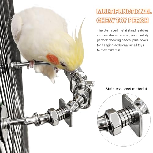 4.5 * 4inch Stainless Steel Parrot Perch with Chew Toys, U-Shaped Metal Bird Perch Stand, Easy Install, for Large and Medium Birds