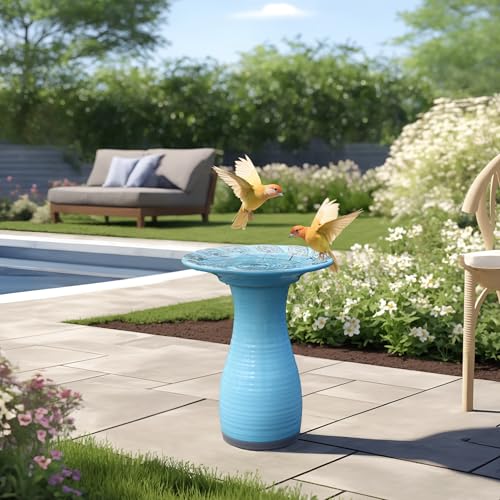 LuxenHome 20" Ceramic Bird Bath for Outside, Sky Blue Outdoor Bird Bath | Lightweight Pedestal Glazed Birdbaths for Outdoors with Leaf Pattern Design, Elegant Tall Outdoor Birdbath - color: Sky Blue