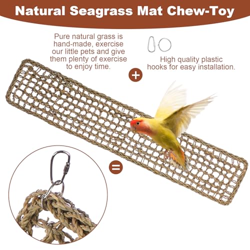 39.34 x 7.08 Inch Large Seagrass Mat for Birds with 5 Hooks, Bird Cage Accessories, Natural Grass Woven Bird Net Hammock Mat, Climbing Rope Ladder Chew Toys