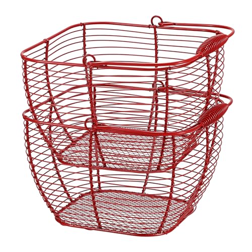 2 PCS 7" Red Wire Egg Baskets With Handle Kitchen Countertop Egg Holder | Small Metal Collecting Basket for Gathering Fresh Eggs, Chicken and Duck Eggs Hunting Basket & Counter Storage Basket - color: Red