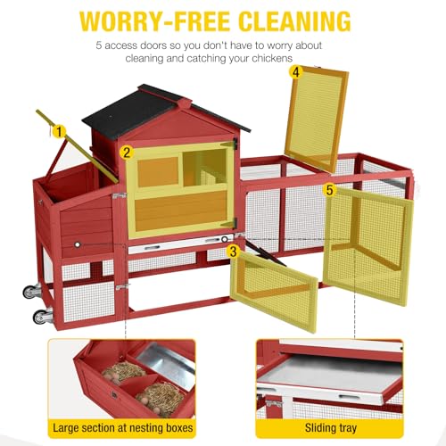 Aivituvin Large Chicken Coop with Wheels, Outdoor Hen House Mobile Poultry Cage with Run, Weatherproof Asphalt Roof, Sectionable Nesting Box, Leakproof Pull-Out Tray for 4-6 Chickens - Red