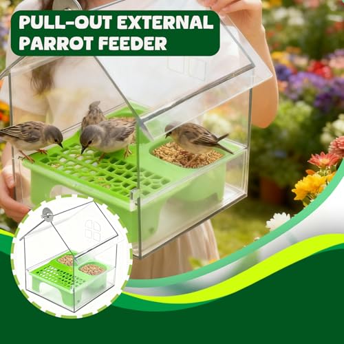 Pull-Out External Parrot Feeder, No Mess Bird Feeder, Decorative Transparent Bird Bath Tub with Two Food Slots, Easy to Fill Hold and Clean, Suitable for Parrot & Finch