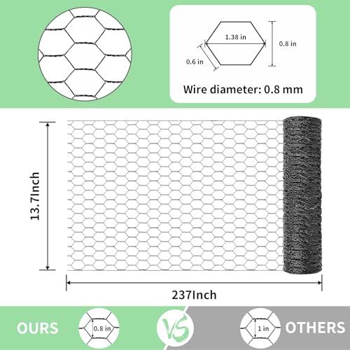 Chicken Wire 13.7 in x 237 in Poultry Wire Netting Hexagonal Galvanized Mesh Garden Fence Barrier for Pet Rabbit Chicken Fencing with 100 Pcs Cable Zip Ties(PVC-Coated) - color: Black, size: 13.7"x237"+100Ties