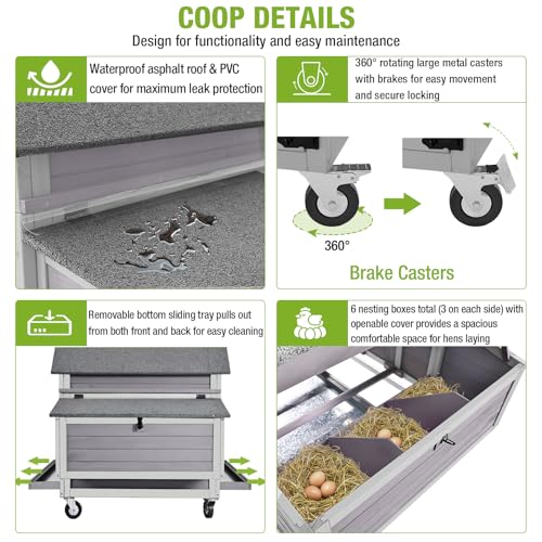 GUTINNEEN 119" Large Chicken Coop with Run, 35.4ft² Overall Space for 4-6 Chickens, Outdoor Mobile Wooden Hen House & Duck Coop on Wheels with Wire Fence Run, Removable Tray & 2 Nesting Boxes - color: Grey with Run 35.4ft²