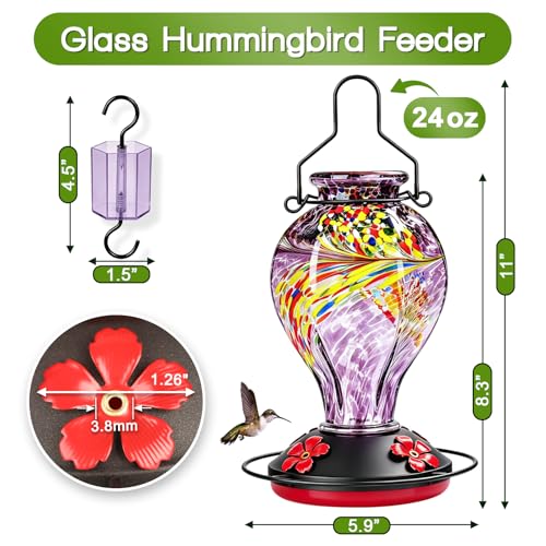Hand Blown Glass Hummingbird Feeders for Outdoors Hanging, 24oz Wild Bird Nectar Feeder with Ant Moat and Perch, Bee-Resistant Ports, Garden Decor, Gifts for Women Mom, 1 Pack, Purple Phoenix - color: Purple Phoenix