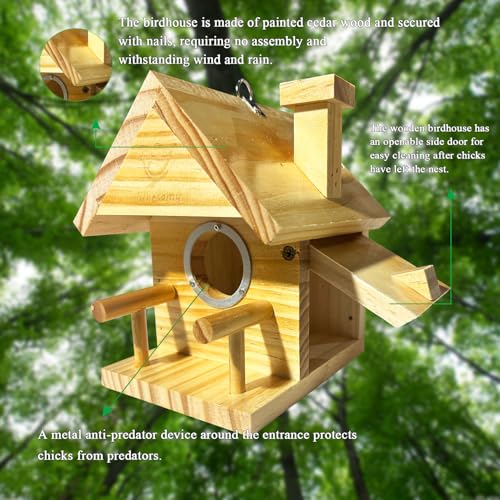 Bird Houses for Outside, Bird House Clearance with Metal Predator Guard for Bluebird Wren Swallow Finch, Cedar Wooden Hanging Birdhouse for Outdoor Garden, Lacquer Finished