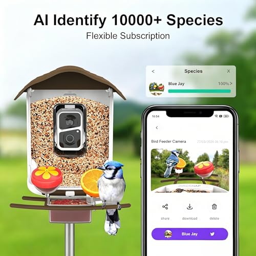 birdsnap® PAV Bird Feeder with Camera Solar Powered 2K Live Video 64GB Card | AI Bird Species Identification, Instant Arrival Alerts, IP65 Waterproof, Wild Bird Feeders for Outdoors, Gift for Bird Lovers - color: Dark Brown