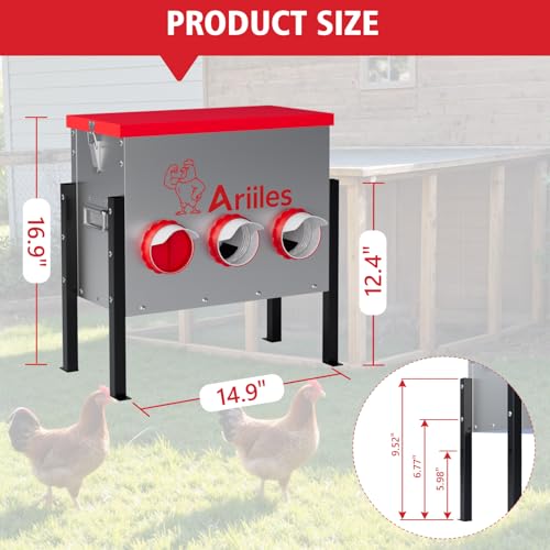 Automatic Chicken Feeder, Metal Poultry Feeder, Chicken Feeders | 40LB Poultry Feeder With Stand & 6 Ports. Includes Bonus Vegetable Net, Feeder Sealant And Anchor Stakes For Chicken.
