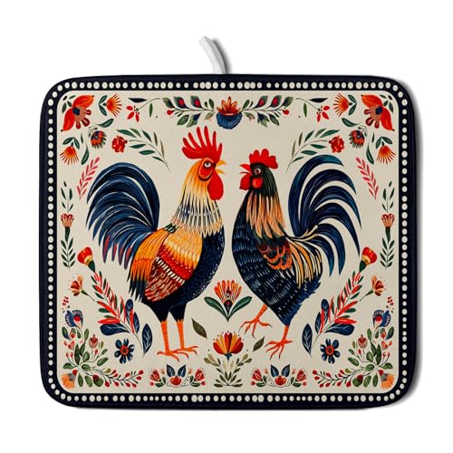 Roosters Chicken Dish Drying Mat for Kitchen Counter Absorbent Microfiber Drying Pad 16 x18 In - color: Chicken Art White, size: 18" x 16"
