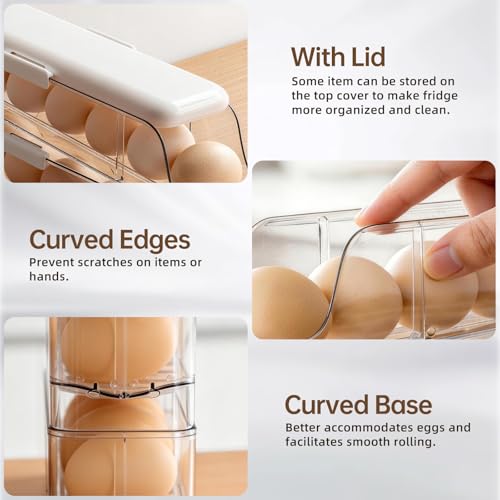 PAVSTINE 3-Tier Auto Rolling Egg Holder with Lid for Fridge, Clear | Stackable Egg Dispenser, Large Capacity Holds Up To 21 Eggs, Refrigerator ＆ Kitchen Countertop Storage - size: 3-Tier with Lid