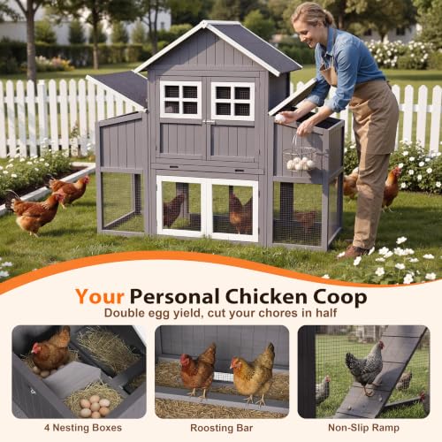 Large Chicken Coop for 6-10 Chickens, Outdoor Predator Proof Wooden Hen House Design with 2 Nesting Boxes and Weatherproof Roof, Easy to Clean Poultry Cage for Outsides - color: Grey(69.5"L x 31.5"W x 59.1"H)