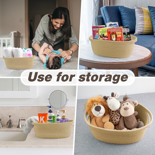 Pro Goleem Small Woven Basket with Gift Bags and Ribbons Durable Baskets for Gifts Empty Small Rope Basket for Storage 12"X 8" X 5" Baby Toy Basket with Handles, Khaki - color: khaki