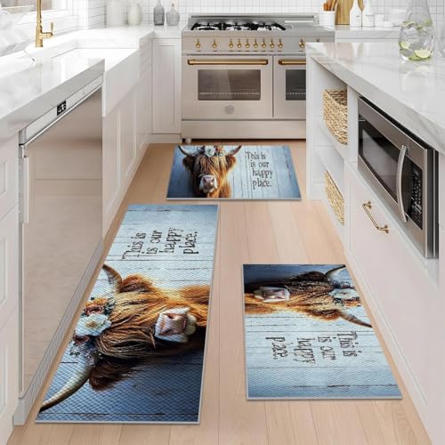 Farmhouse Kitchen Rugs Set of 3, Non Slip Washable Durable Stain Resistant Floor Mat Set,Highland Cow Floral Fence Retro Wood Pattern Kitchen Runner Rug 16"X24"+20"X32"+20"X47" - color: Grayish White-highland Cow