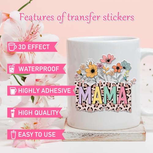 Rngmsi Mom UVDTF Cup Wrap - 20 Sheets Mama UV DTF Cup Wraps for 16 oz Glass, Leopard Print Cat Dog Bear Flower Stickers for Water Botters, Waterproof Rub on Transfer Decals, Mother's Day Gift - style: Mama