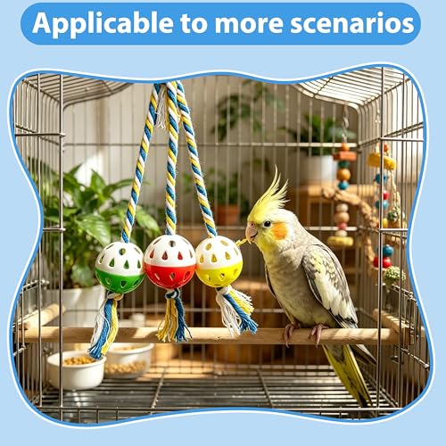 Bird Foraging Ball Toys with Rope, Parrot Feeder Toys for Conures Parakeets Cockatiel, Foot Talon Chewing Training Rattle Bell Balls Parrot Cage Toys (Medium, Ordinary)
