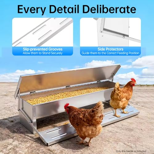 Automatic Chicken Feeder Treadle Chicken Feeder Trough Self-Opening Galvanized Steel Large Capacity Poultry Feeder Outdoor Coop Food Dispenser with Rain Cover for Ducks Bantams(Size:Large - 82.5x18cm) - size: Large - 82.5x18cm