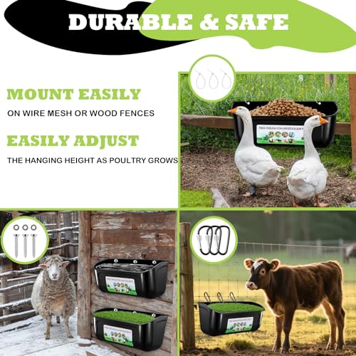 2 Pack Large Goat Feeder, Duck Chicken Feeder Waterer, Hanging Fence Feed Trough with Clips for Goat, Sheeple, Piglet, Gooses, Turkeys, Dog Livestock Poultry, Feed Scoop Included, Black - color: Large Black