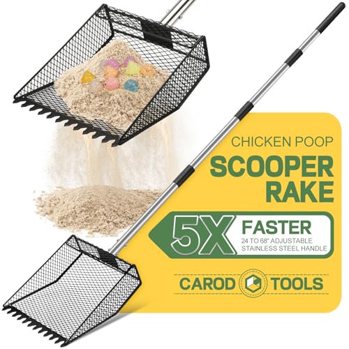 Updated Chicken Poop Scooper and Rake, 2-in-1 Chicken Poop Litter Scoop Sand Rake, Stainless Steel Handle (43–73"), Litter Scooper & Sand Sifting Shovel, Good for Chicken Coops & Farm Animals Scoop