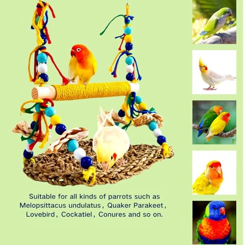 Parakeet Swing Toys Natural Bird Grass Mat,Parrot Swing Perch | Parrot Climbing Hammock With Chew Toys For Cockatiel, Sun Conure, Lovebird, Budgie